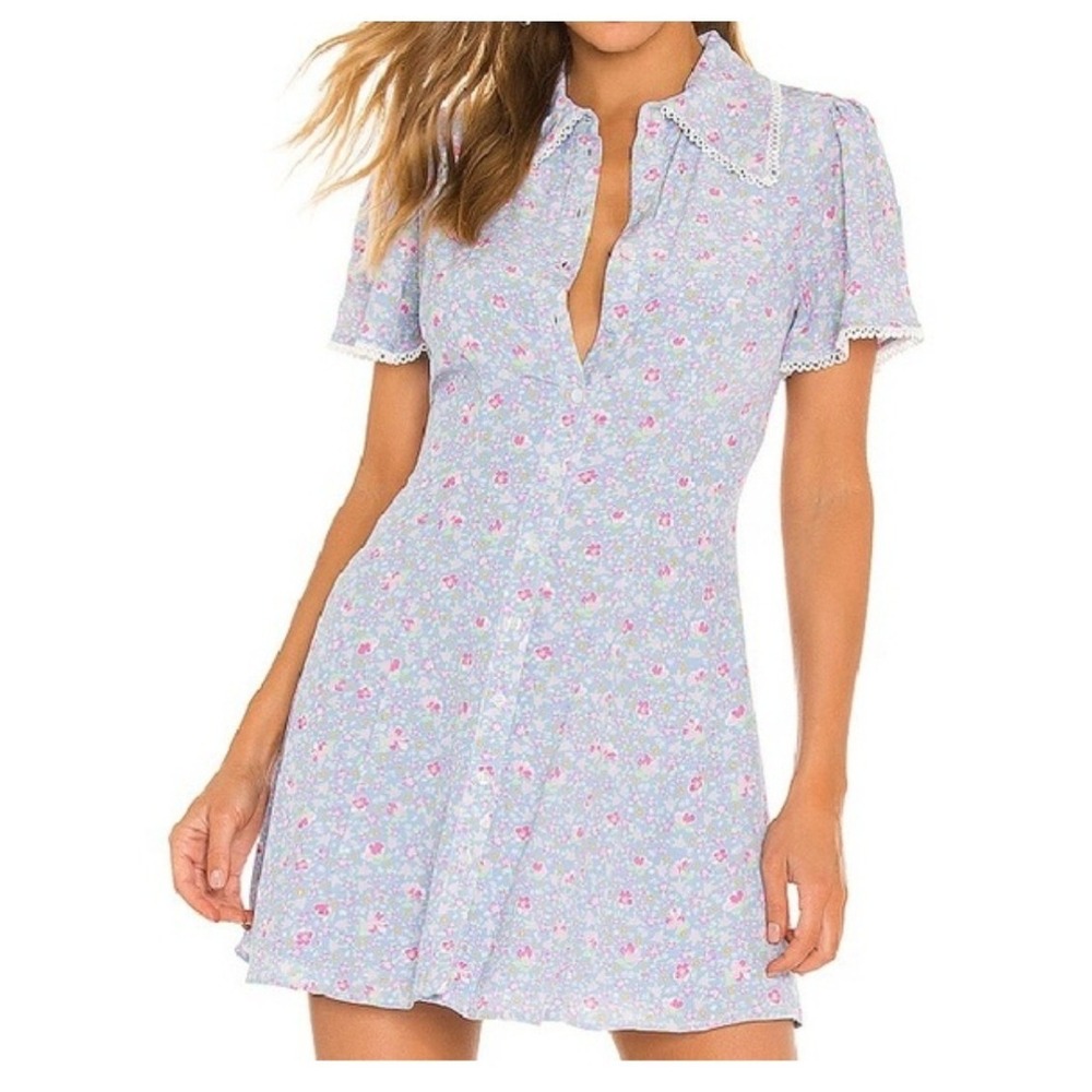 MAJORELLE Blue Floral Mini Dress Button Front Crochet Trim XXS NEW feminine